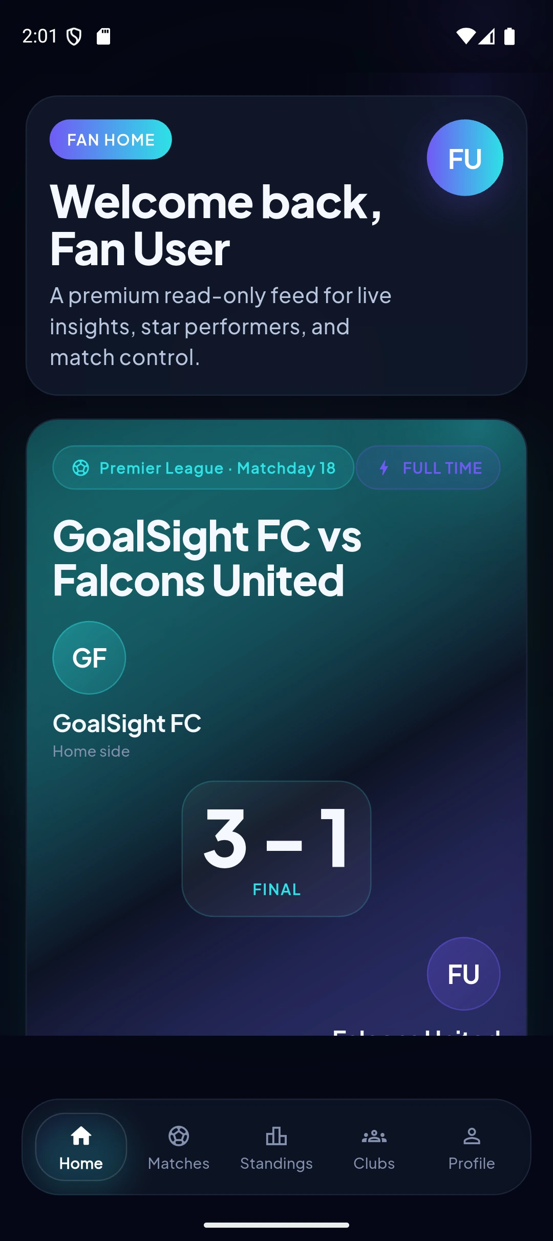 GoalSight — Fan home — match feed