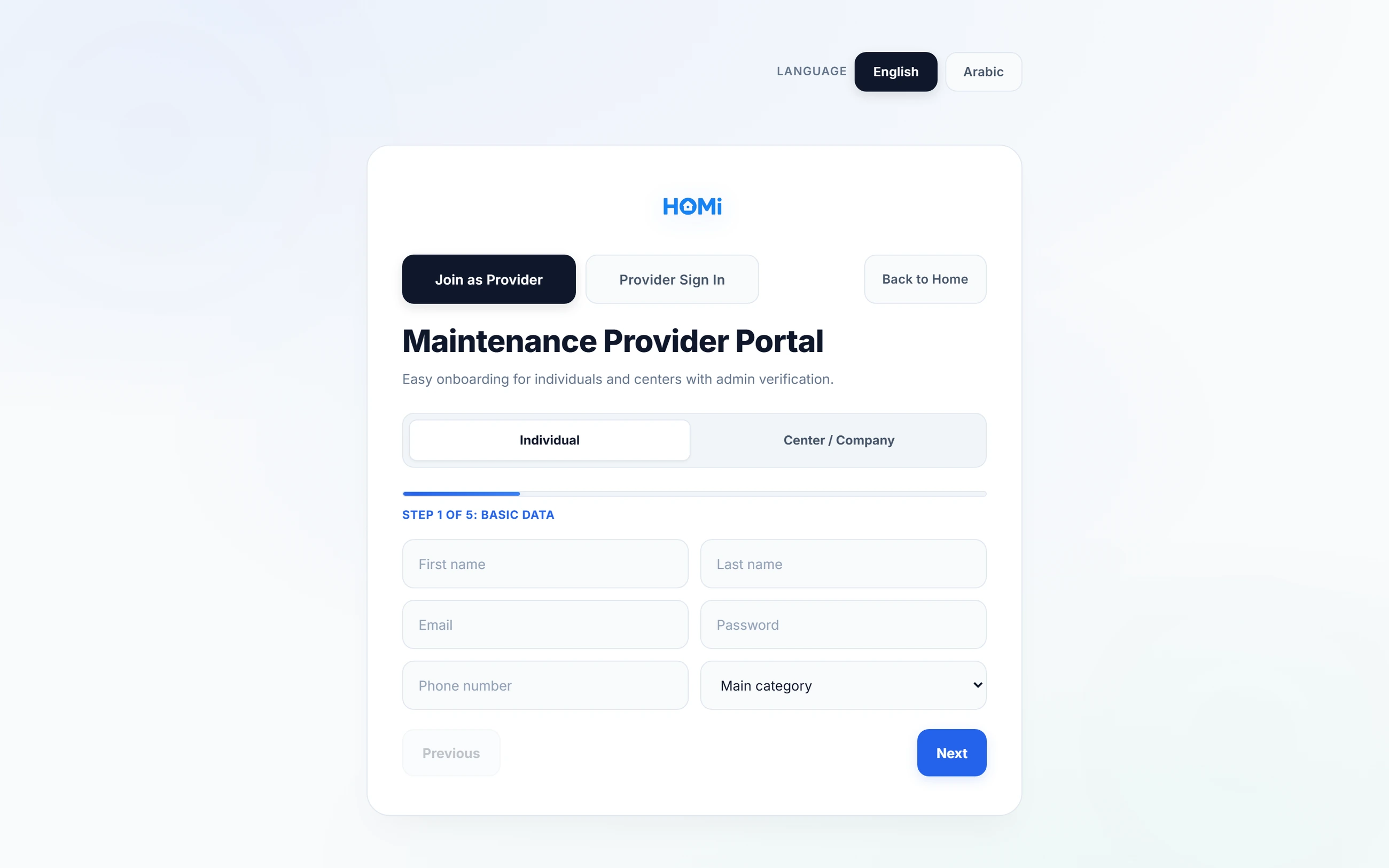 HOMi — Maintenance provider onboarding