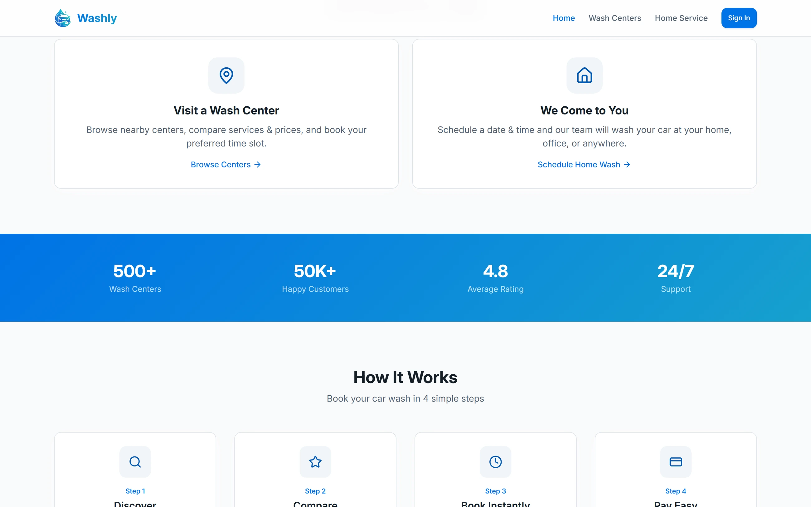 Washly — Service paths and booking process